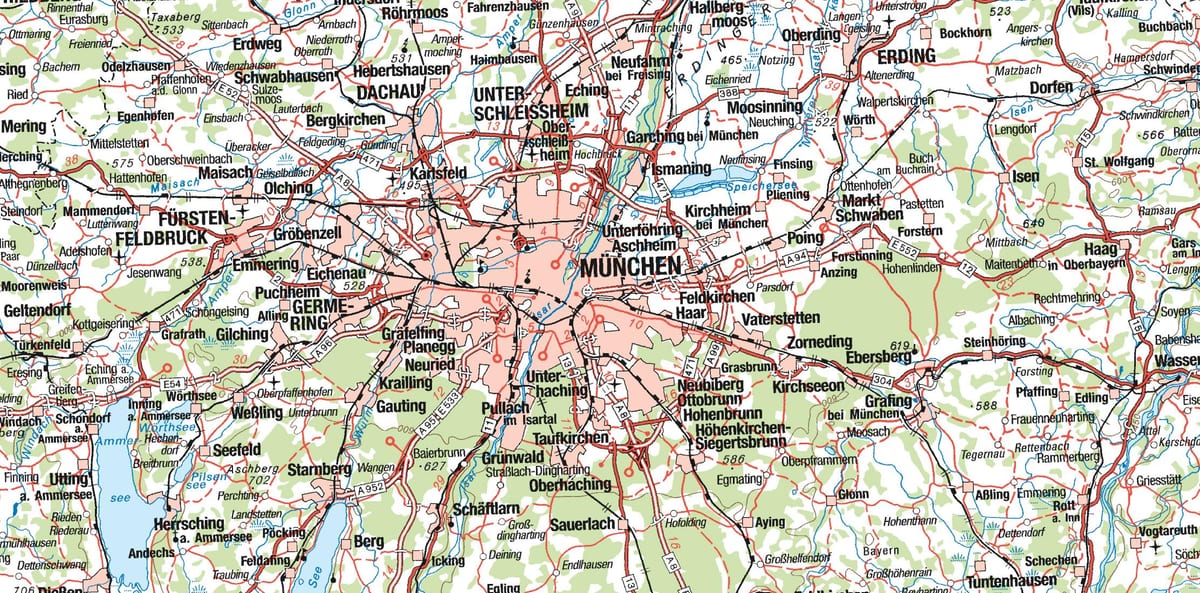 Karte no minhenes un apkārtējās pilsētās