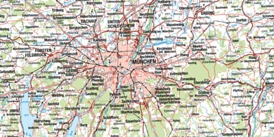 Karte no minhenes un apkārtējās pilsētās